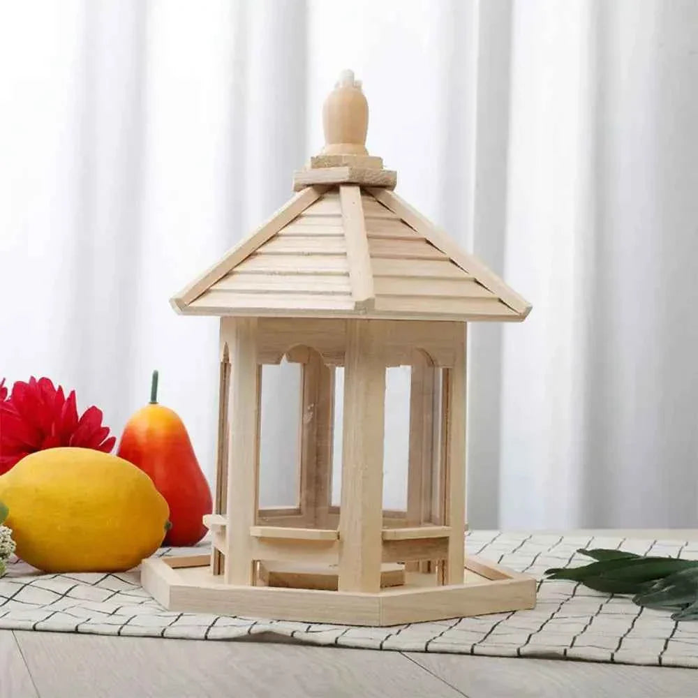 Bird House Ornaments House Shape Bird Feeder House Hanging Wooden Pet Feeder Box Bird Food Dispenser Balcony