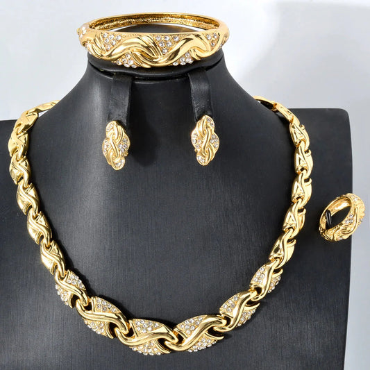 Dubai 18K Gold Plated Jewelry Set Women Luxurious Necklace Earrings Bracelet Ring 4pcs Bride Wedding Party Jewelry Set Gift