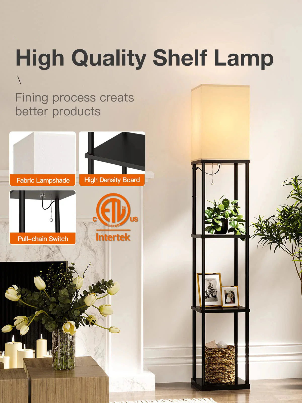 Modern Shelf Floor Lamp with Shade and LED Bulb Corner Display Lamps Shelves for Living Room Bedroom Office Black
