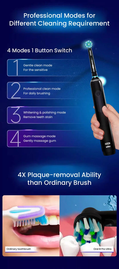 Oral B Pro 4 Ultra Electric Toothbrush 3D Rotation Rechargeable Teeth Brush Pressure Sensor 4 Brushing Modes 2 Min Timer
