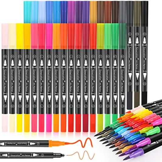 Art Brush Markers Pens for Adult Coloring Books School Supplies for Teens 34 Colors Numbered Dual Tip Brush and Fine Point Draw