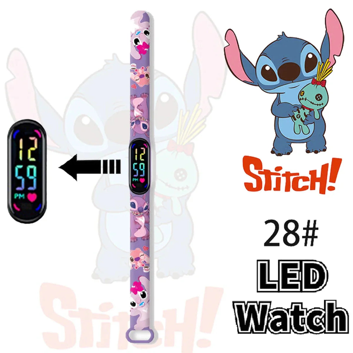Disney Stitch Digital Kids' Watches Anime Figures LED Luminous Watch Touch Waterproof Electronic Sports Watch Kids Birthday Gift