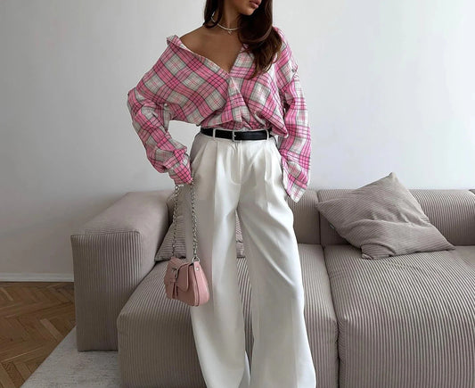Pink Plaid Shirt for Women in Europe and America New Versatile Loose Shirt for Women Removable Long-sleeved Lapel Top