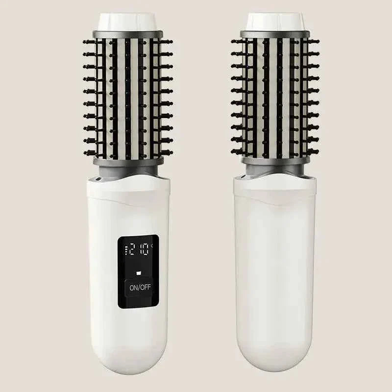 NewCordless Hair Curling Iron Brush USB Rechargeable Travel Heated Round Brush 2-in-1 Electric Hair Curling Wand Styling Tools