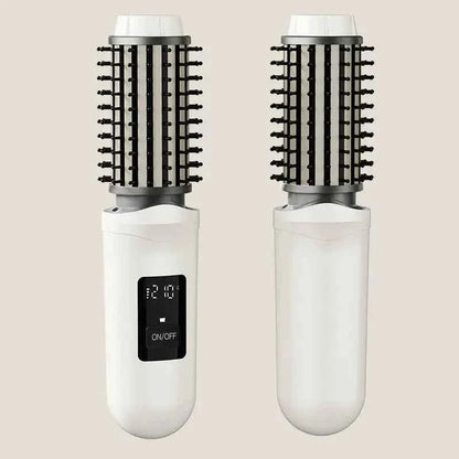 NewCordless Hair Curling Iron Brush USB Rechargeable Travel Heated Round Brush 2-in-1 Electric Hair Curling Wand Styling Tools