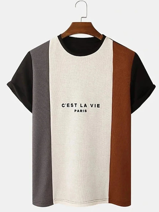Men's C'EST LA VIE Paris Color Block T-Shirt Beige Gray Brown Casual Short Sleeve Fashion Top