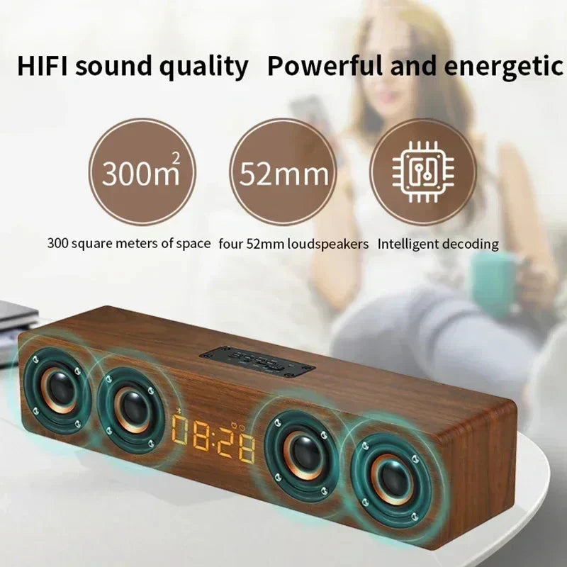 Wooden Soundbar Wireless Bluetooth Speaker Portable Retro Soundbox Subwoofer for TV Computer with FM Radio TF Card USB Boom Box