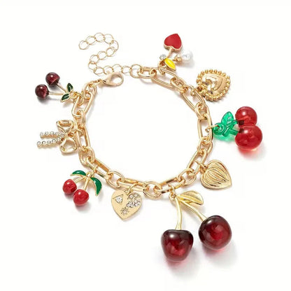 Cherry Jewelry (Ring/Bracelet Optional) - Gold Tone Crystal Charm Adjustable Cute Y2K Jewelry Accessory Daily Party Holiday Gift