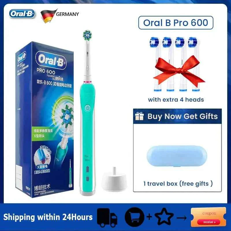 Oral B Electric Toothbrush Pro600 3D Action Daily Clean Pressure Sensor Gum Care Waterproof Rechargeable 7-Day Battery Life