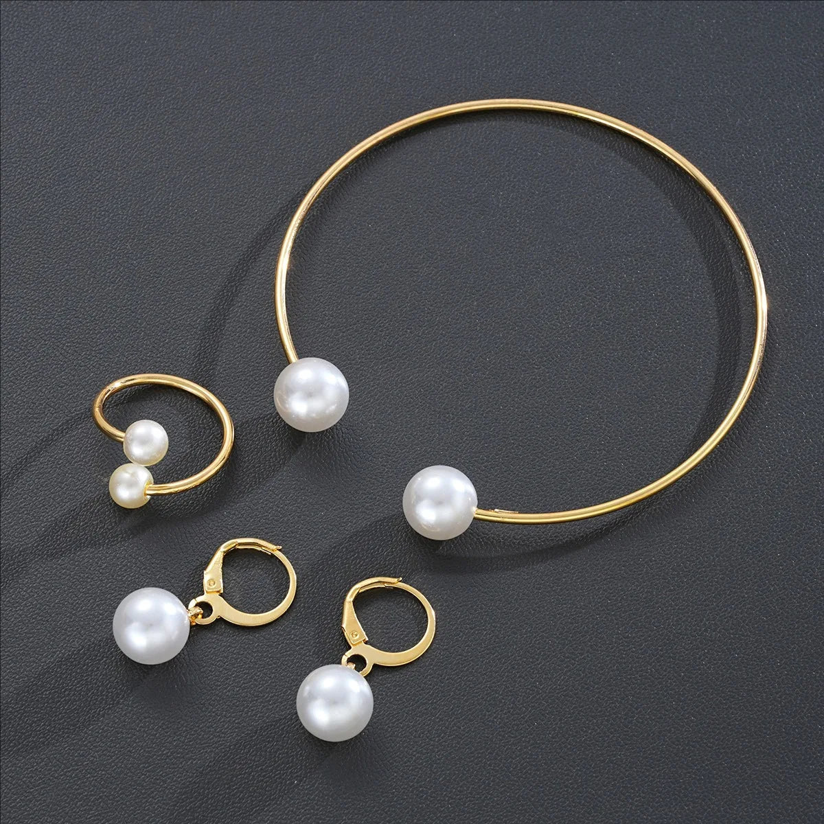 Female Jewelry Set Pearl Open Stud Earrings Bracelet Ring Women's Simple Luxurious High-end Sophisticated Accessories
