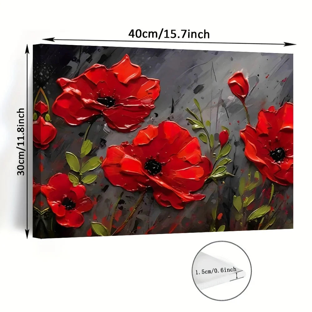 Contemporary Red Poppies Canvas Painting, Framed 11.8x15.7in, Meadow Wall Art, Ready to Hang Home Decor - Anniversary Gift