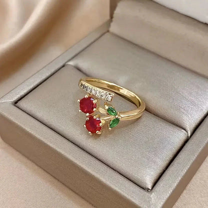 Cherry Jewelry (Ring/Bracelet Optional) - Gold Tone Crystal Charm Adjustable Cute Y2K Jewelry Accessory Daily Party Holiday Gift