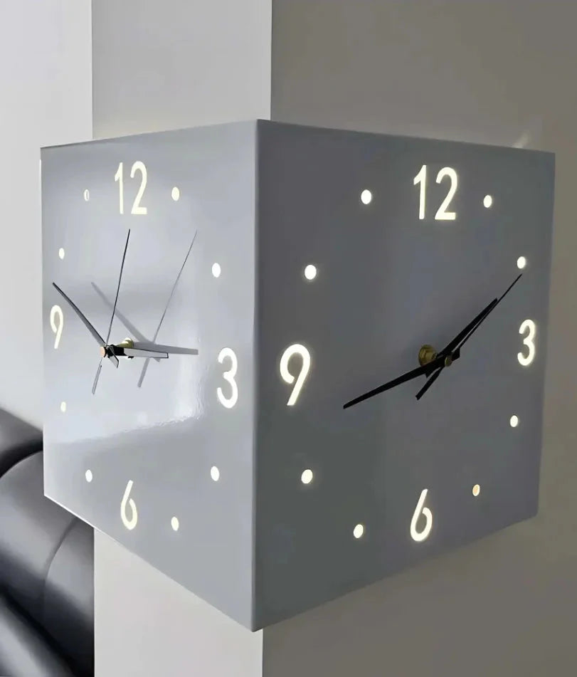 Ivory Corner Wrapping Double Sided Luminous w/ Light Sensor 16" Modern Wall Clock