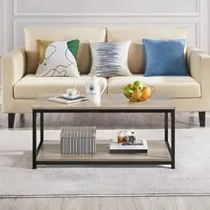 Coffee Tea Table with Metal Frame, Coffee with Open Storage Shelf, Vintage Accent Furniture for Living Room