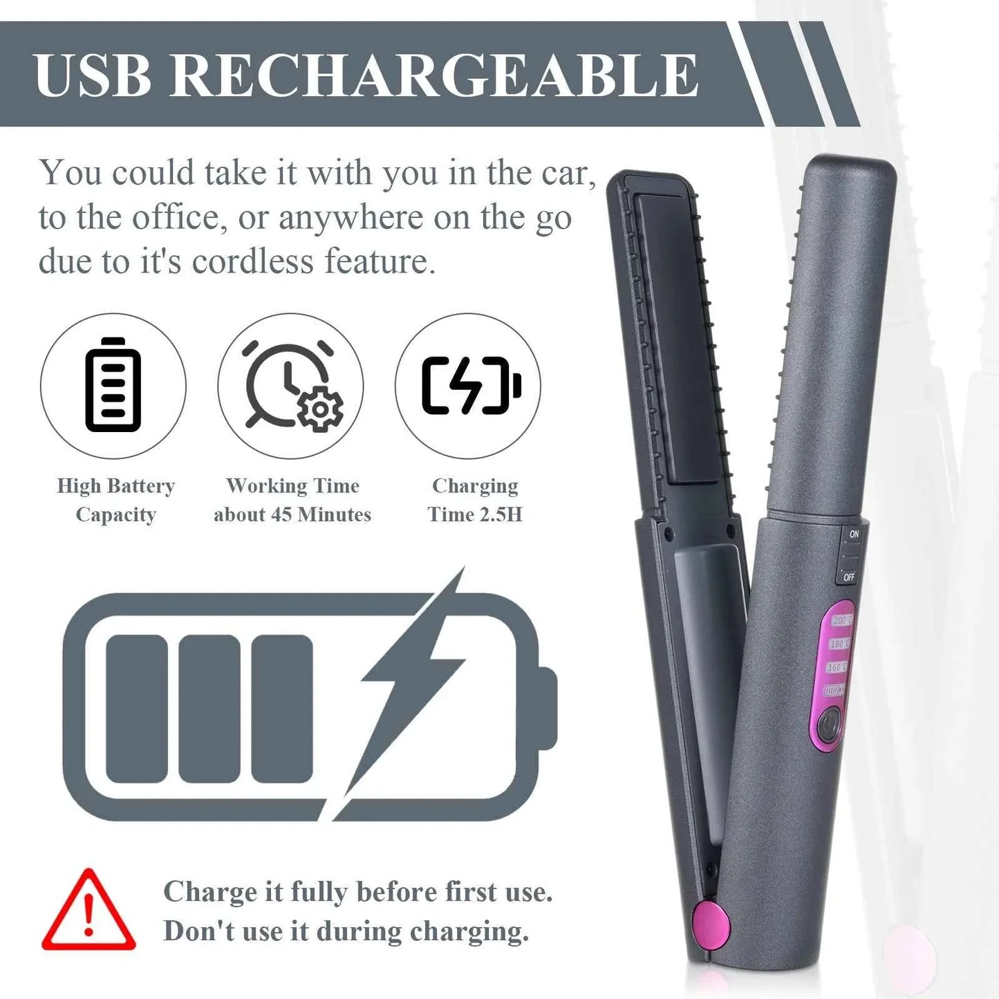 Portable Wireless Rechargeable Hair Straightening Iron Curling Iron