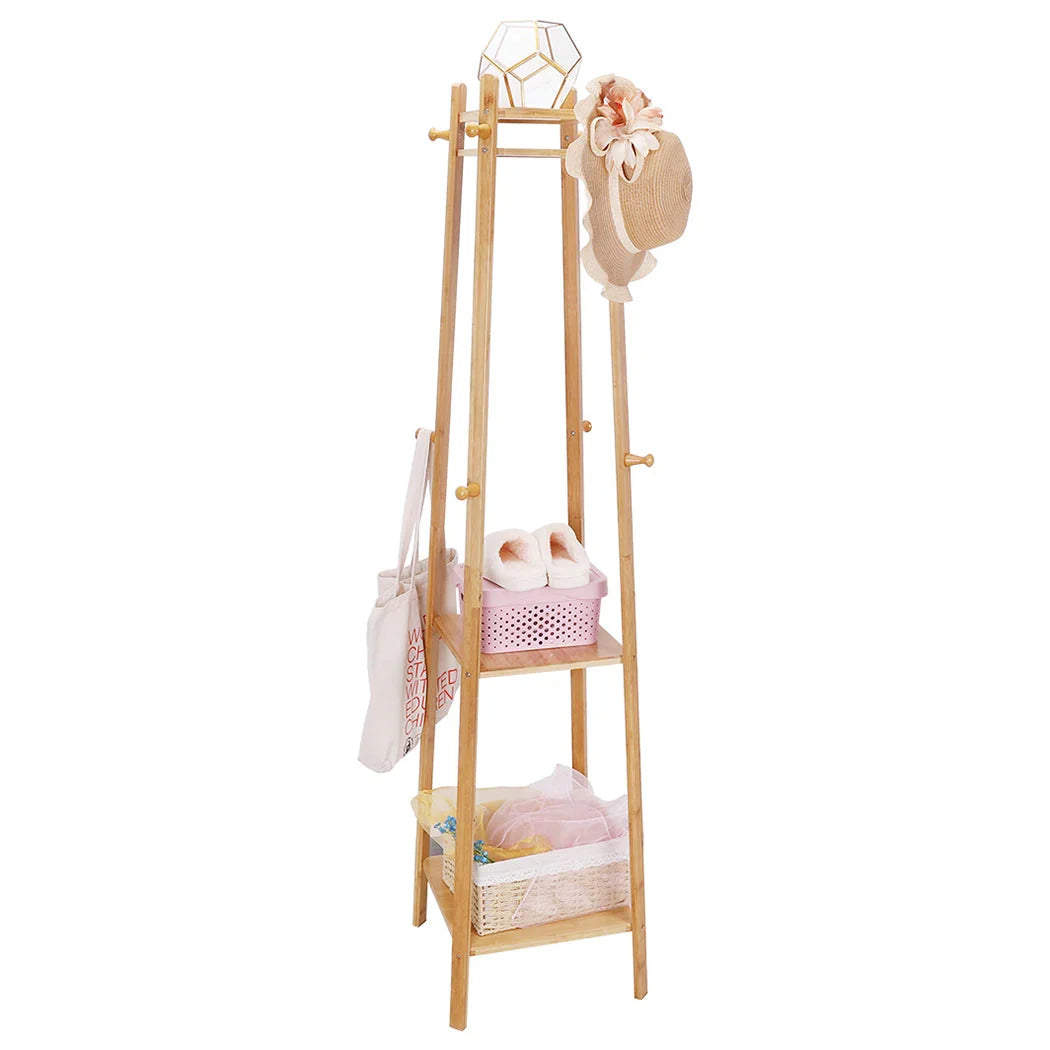 Bamboo Coat Rack Free Standing 2-Shelves Clothing Storage Garment Organizer Stand with 8 Hooks Clothes Poles 55kg Load-bearing f