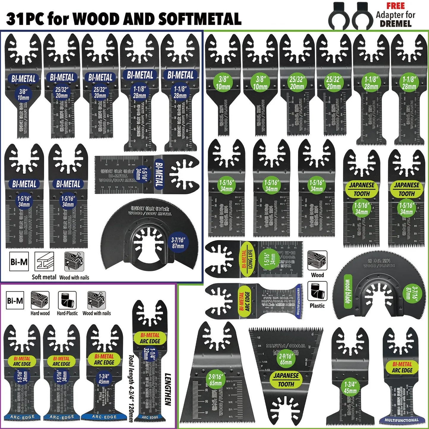Oscillating Saw Blades Kit，Multitool Blades - Compatible with Milwaukee Dewalt  Worx Skil AEG Ryobi