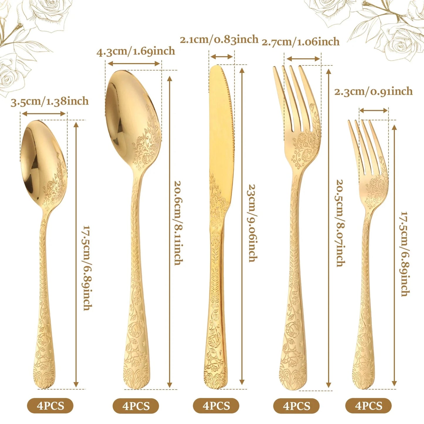 20pcs Silverware Set Floral Carved Stainless Steel Flatware Mirror Polished Cutlery Including Fork Spoon Knife Dishwasher Safe