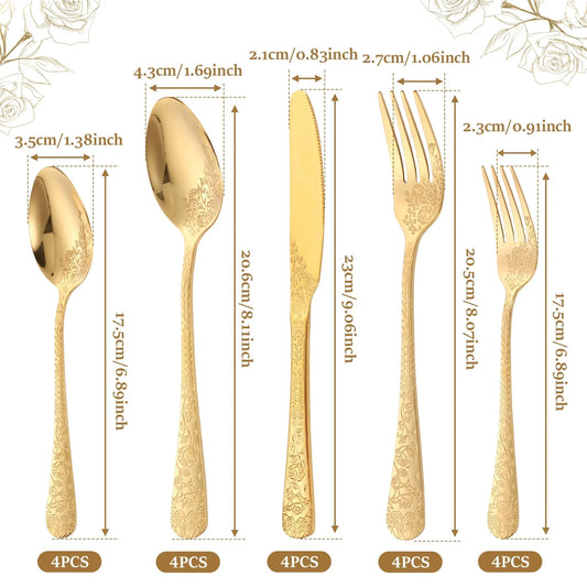 20pcs Silverware Set Floral Carved Stainless Steel Flatware Mirror Polished Cutlery Including Fork Spoon Knife Dishwasher Safe