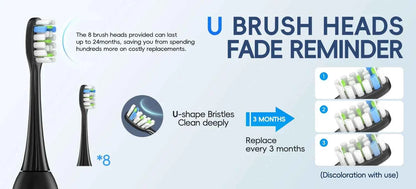 IPX7 Waterproof Sonicare Electric Toothbrush, 4-Hour Fast Charge with Intelligent Time Reminder, 4 Modes, 8 Brush Heads, Travel