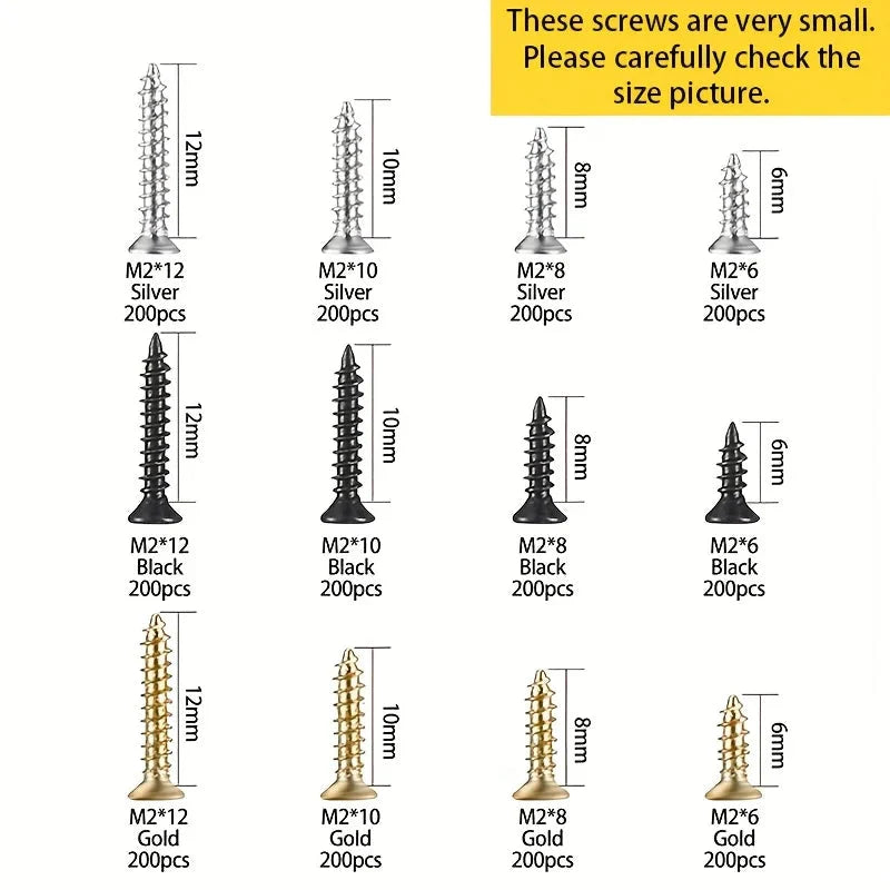 2400pcs Miniature Self-Tapping Screws, M2 Wood Screws, Phillips Head Screws, Flat Head Screws, Gold, Black, Silver Set