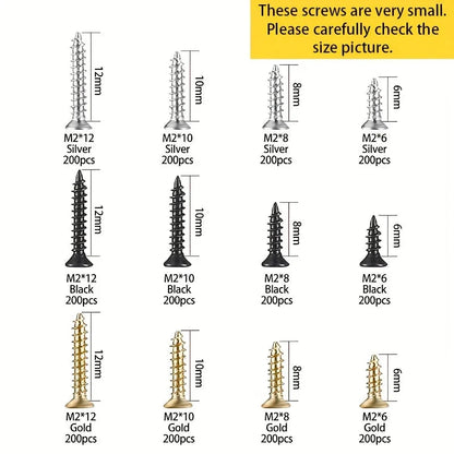 2400pcs Miniature Self-Tapping Screws, M2 Wood Screws, Phillips Head Screws, Flat Head Screws, Gold, Black, Silver Set