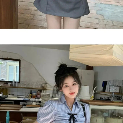 Bow-rinked Striped Shirt for Women Summer French Sweet and Spicy Puff Sleeve Shirt Short Short Sleeve Top