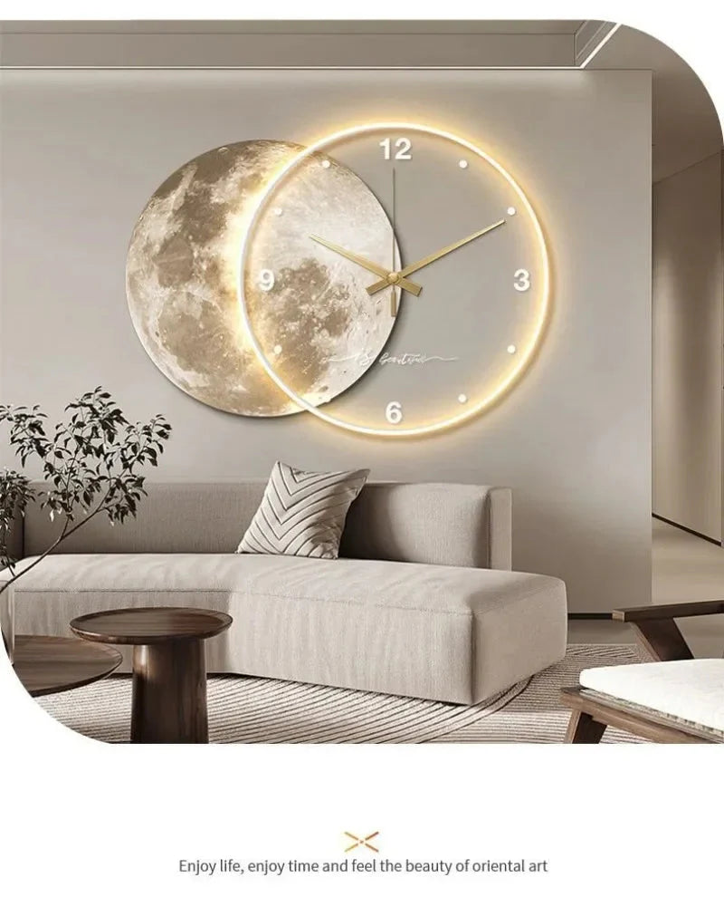 Large Wall Clock Luxury Dining Room Living Room Moon The Earth Modelling LED Light Silent Movement Bedroom Clock Wall Decoration