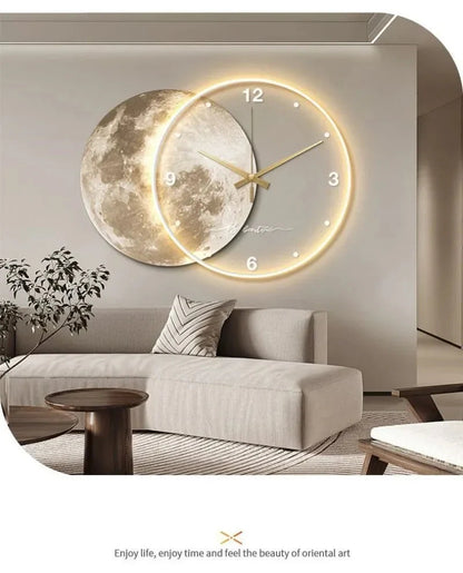 Large Wall Clock Luxury Dining Room Living Room Moon The Earth Modelling LED Light Silent Movement Bedroom Clock Wall Decoration