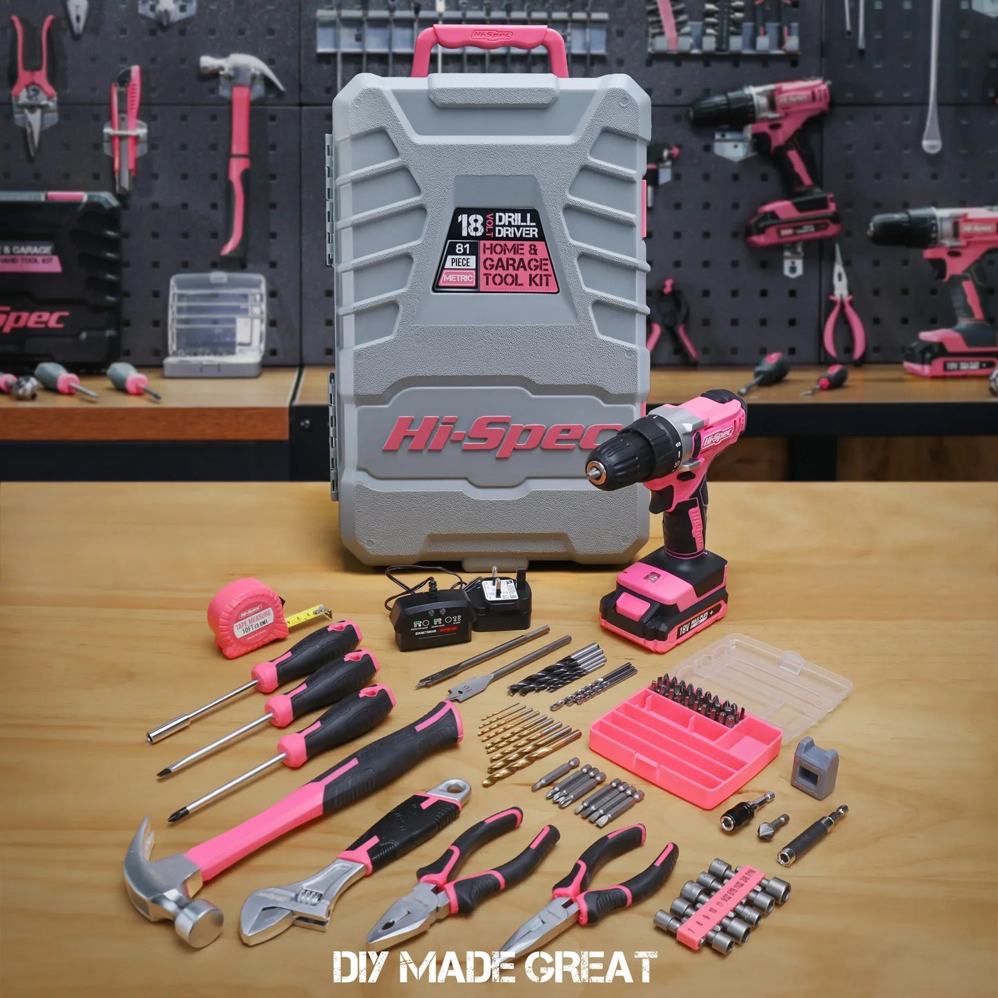 Hi-Spec 92-Piece Pink Home Tool Box Set, Multi-Function Hand Repair Kit with Hammer Cordless Power Drill Combo for Household DIY
