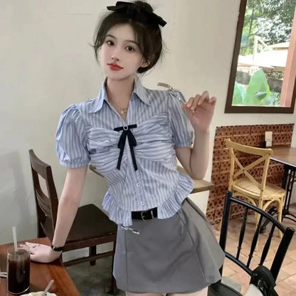 Bow-rinked Striped Shirt for Women Summer French Sweet and Spicy Puff Sleeve Shirt Short Short Sleeve Top