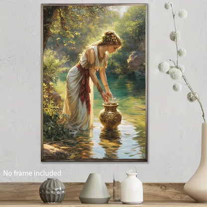 Elegant 3D Hand-Painted Canvas Oil Painting - Serene Forest Scene with Woman & Golden Vase, Abstract Home Wall Art