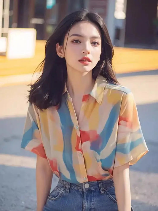 French Chic Top Print Versatile Elegant Casual Chiffon Short-sleeved Shirt for Women