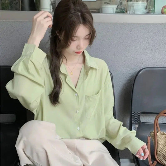 Sunscreen Shirt for Women in Summer New Polo Collar French Unique Loose Solid Color Long-sleeved Top Trendy