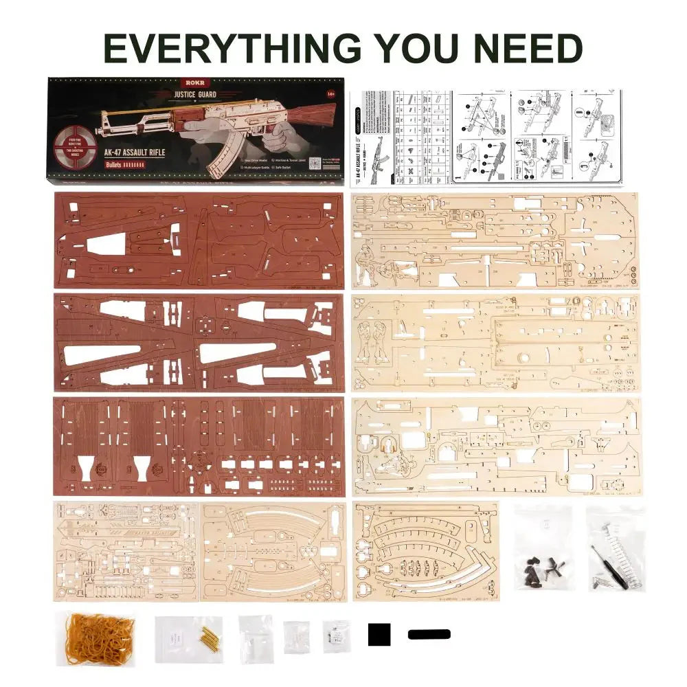 Robotime Rokr Automatic Rifle AK47 3D Wooden Gun Funny DIY Building Block Toys for Kids Adults Justice Guard Wooden PuzzleLQ901