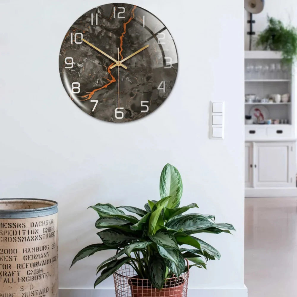Black Gold Marble Metal Needle Modern Acrylic Round Clock 12"