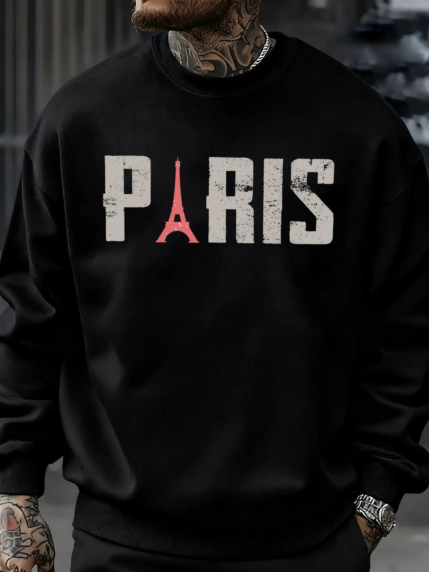 Famous Paris Tower Pattern Sweatshirt Men O-Neck Clothes Autumn Fleece Retro Pullover Loose Unisex Colour Fashion Streetwear