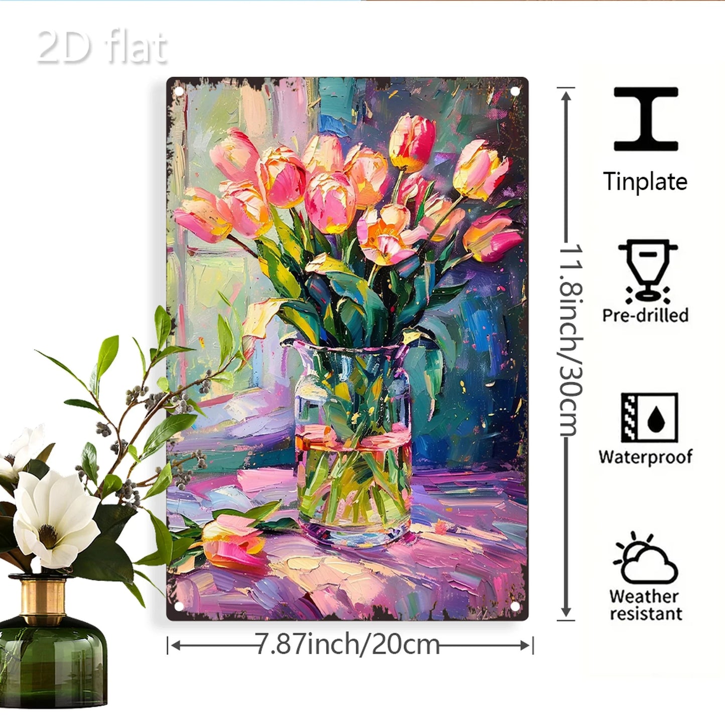 Vibrant Tulip Bouquet Metal Wall Art - 8x12 Inch 2D Design, Durable Iron Sign for Home, Garden & Office Decor