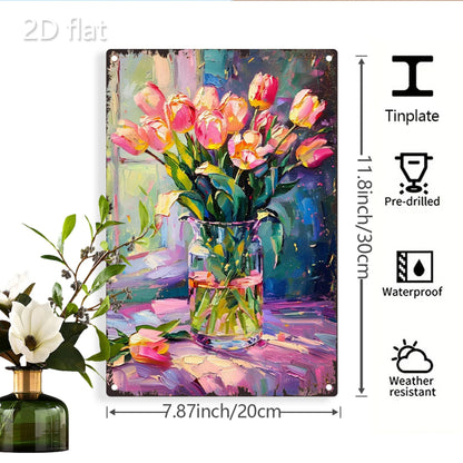 Vibrant Tulip Bouquet Metal Wall Art - 8x12 Inch 2D Design, Durable Iron Sign for Home, Garden & Office Decor