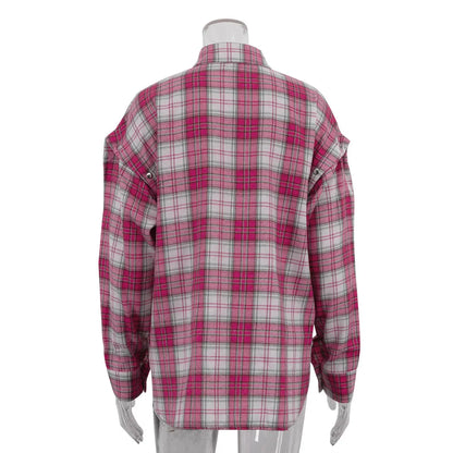 Pink Plaid Shirt for Women in Europe and America New Versatile Loose Shirt for Women Removable Long-sleeved Lapel Top
