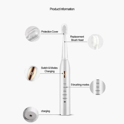 Sonic Electric Toothbrush For Adult Black White Whitening Timer Soft Hair IPX7 Waterproof 5-gear Mode USB Charging Teeth Brush
