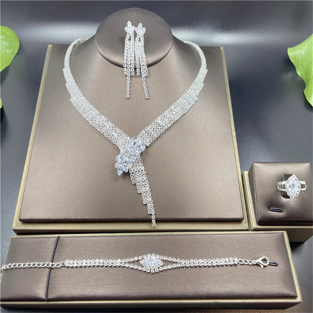 Fashion Crystal Bridal Jewelry Sets Silver Color Geometric Choker Necklace Earrings Bracelet Ring Four-piece Wedding Jewelry Set