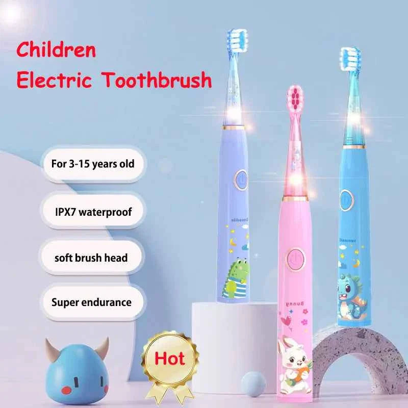 Kids Sonic Electric Toothbrush Child Cartoon with Colorful LED Light IPX7 Waterproof 2 mins Smart Timer Rechargeable Toothbrush