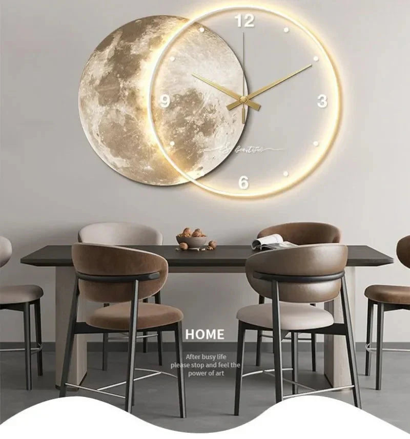 Large Wall Clock Luxury Dining Room Living Room Moon The Earth Modelling LED Light Silent Movement Bedroom Clock Wall Decoration