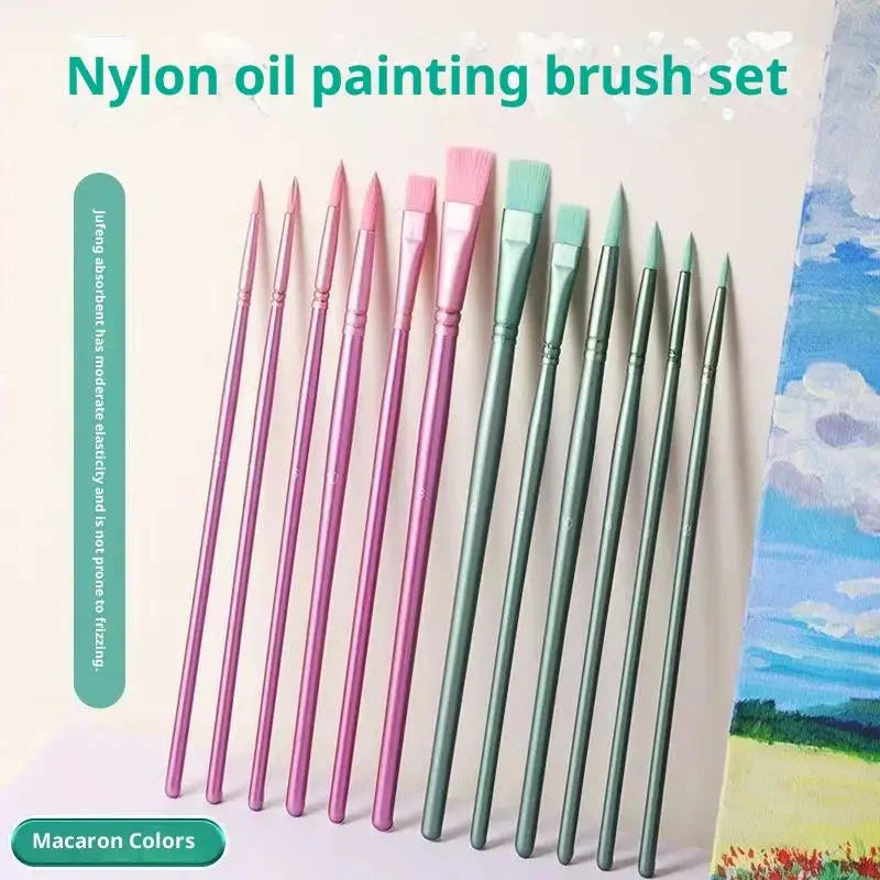 ♥Nylon Bristle Wooden Handle Pointed And Flat Watercolor Paintbrush Set For Art, Acrylic, Gouache, And Oil Painting