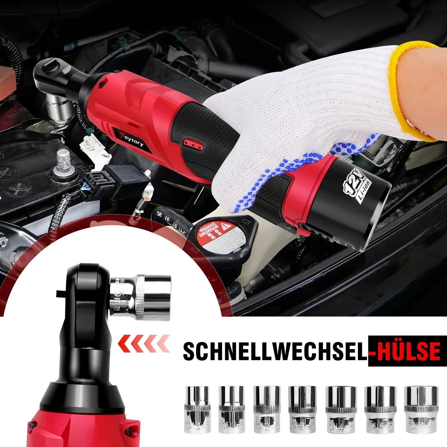 12V High-Torque 90°Cordless Electric Ratchet Wrench Set 3/8'' Angle Wrench with 2Durable 1500mAh Lithium-Ion Batteries,7 Sockets