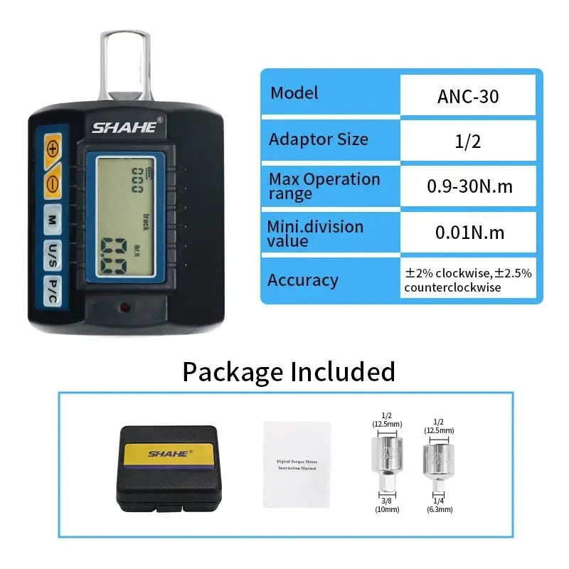 SHAHE High Precision Mini Torque Adapter Square Drive 1/2''1/4'' 3/8'' Digital Torque Wrench Electronic Digital Torque Meter