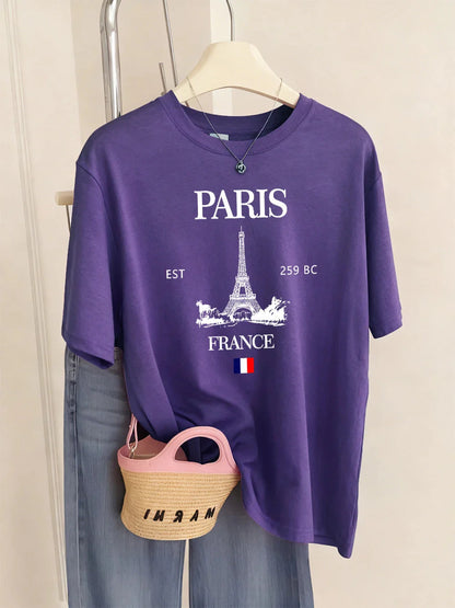 Paris France Eiffel Tower Prints T-Shirts Women Summer Basic Short Sleeve Tops O-Neck Loose T Shirts Basics Soft Womans Clothes