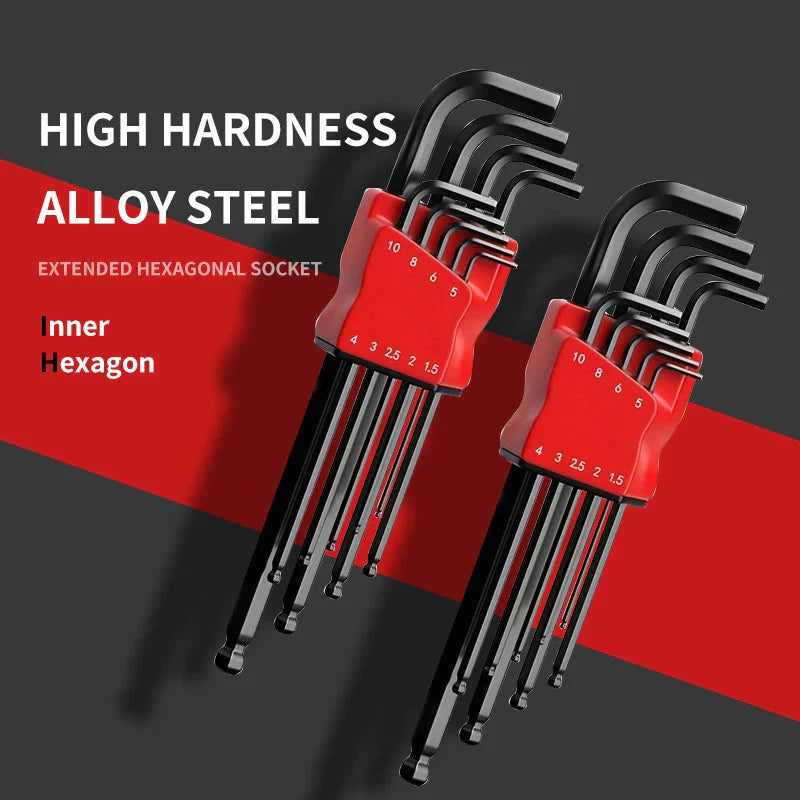 Professional 10-Piece Hex Key Set - Metric & SAE - CR-V Steel Allen Wrenches with Ball End