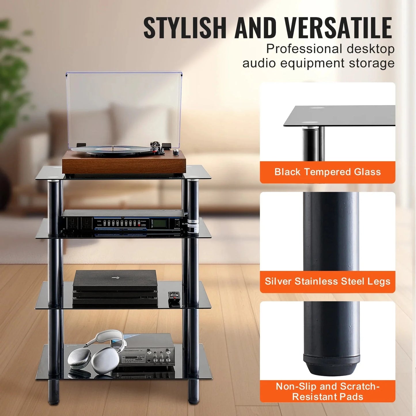 SucceBuy 4-Tier AV Media Stand Audio/Video Stand with Strengthen Tempered Glass Shevles for DVD Adjustable Media Storage Cabinet